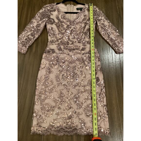 Tadashi Shoji Lace 3/4 Sleeve V-Neck Paillette Sequin Embroidered midi Dress - Picture 9 of 12